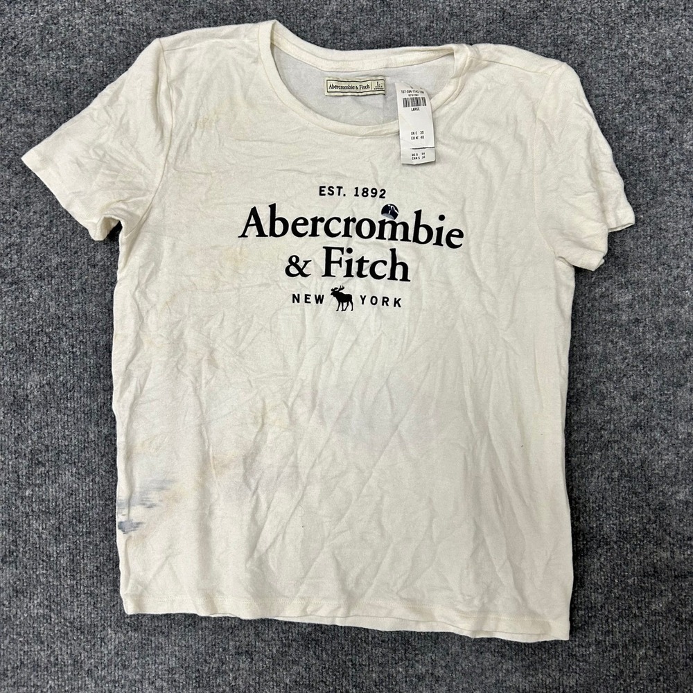 Abercrombie & Fitch T-Shirt Womens Size L Cream Graphic Logo Short Sleeve NWT
